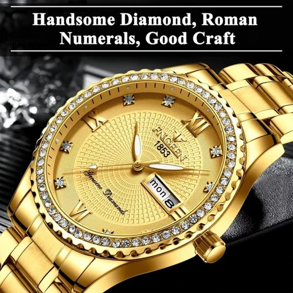 EEEkit Classic Diamond Gold Watches for Men, Stainless Steel Waterproof Dress Watch, Men's Quartz Analog Wristwatch - immagine 2