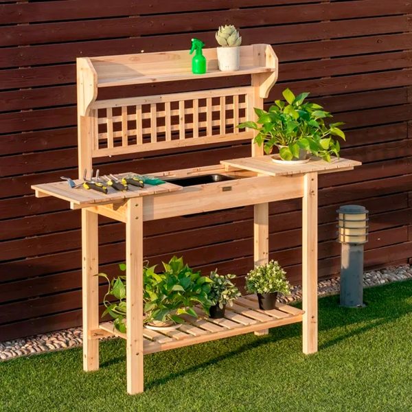 Costway Garden Potting Bench Workstation Table w_Sliding Tabletop Sink Shelves - immagine 3
